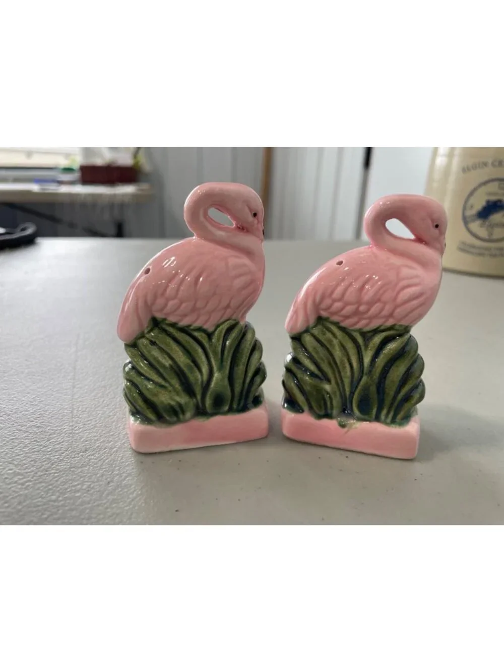 Vintage Pink Flamingo Ceramic Salt & Pepper Shaker Set Hand Painted Palm Beach